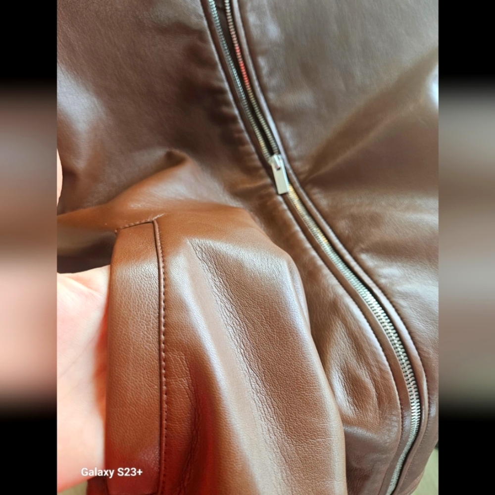 Babaton Vegan Leather Bomber Jacket – Cognac Brown, Size S - Picture 4 of 6
